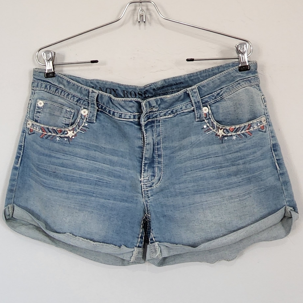 Knox Rose Jean Short Women's Size 16/33 Embroidered Midi Mid Rise Raw Blue Denim